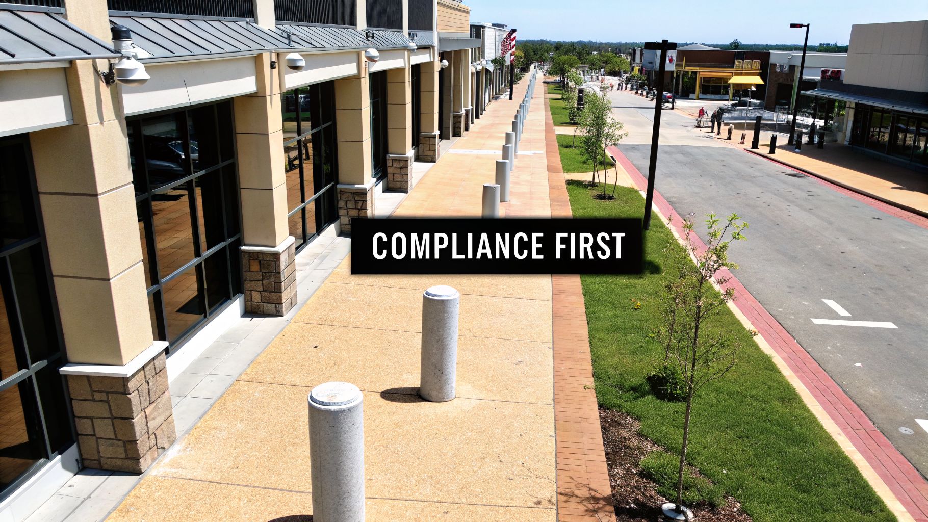 An outdoor shopping complex with buildings, sidewalk, concrete bollards, and a 'COMPLIANCE FIRST' banner.