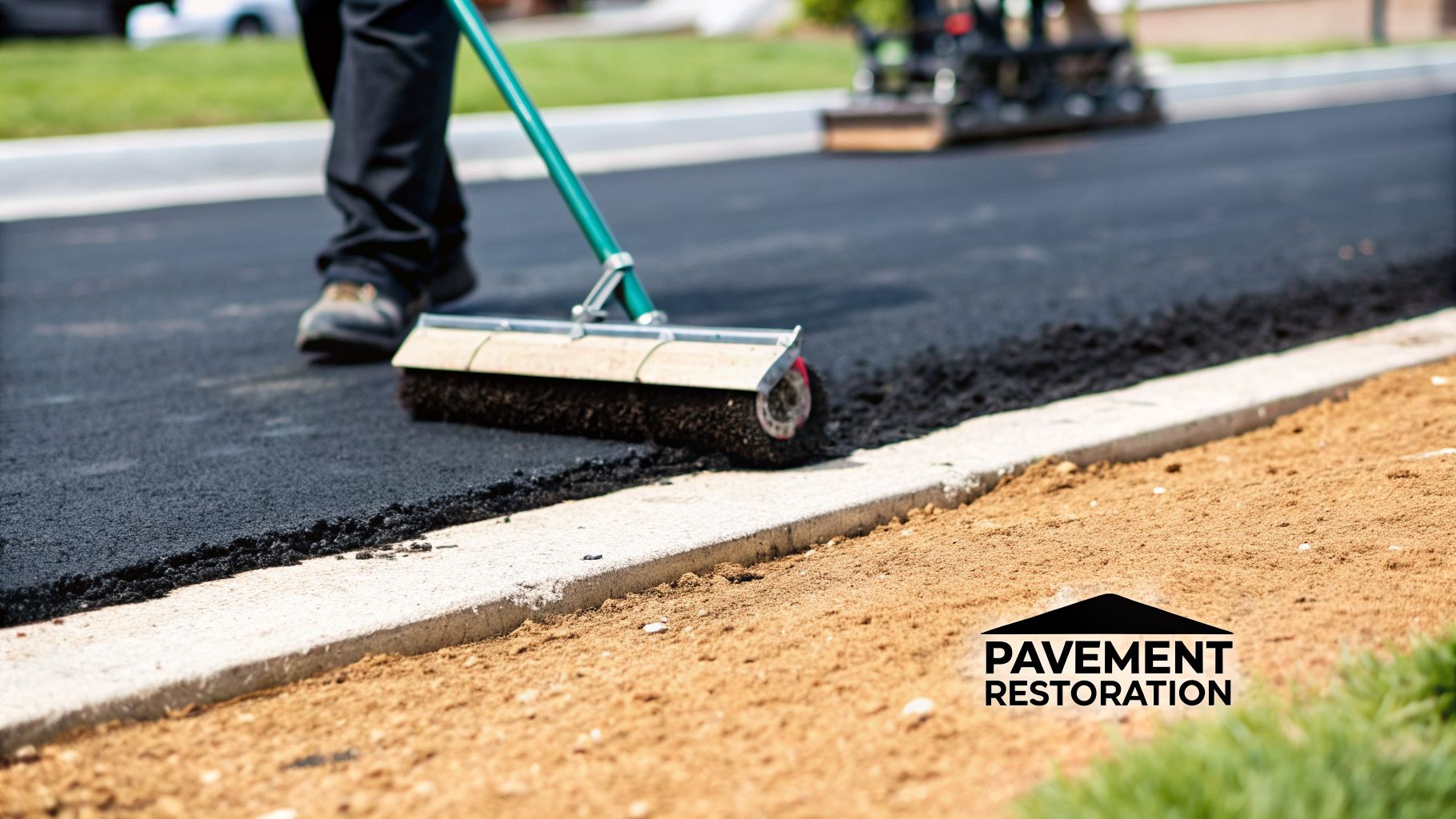 A worker uses a roller to smooth fresh asphalt next to a curb, with a 'Pavement Restoration' logo visible.