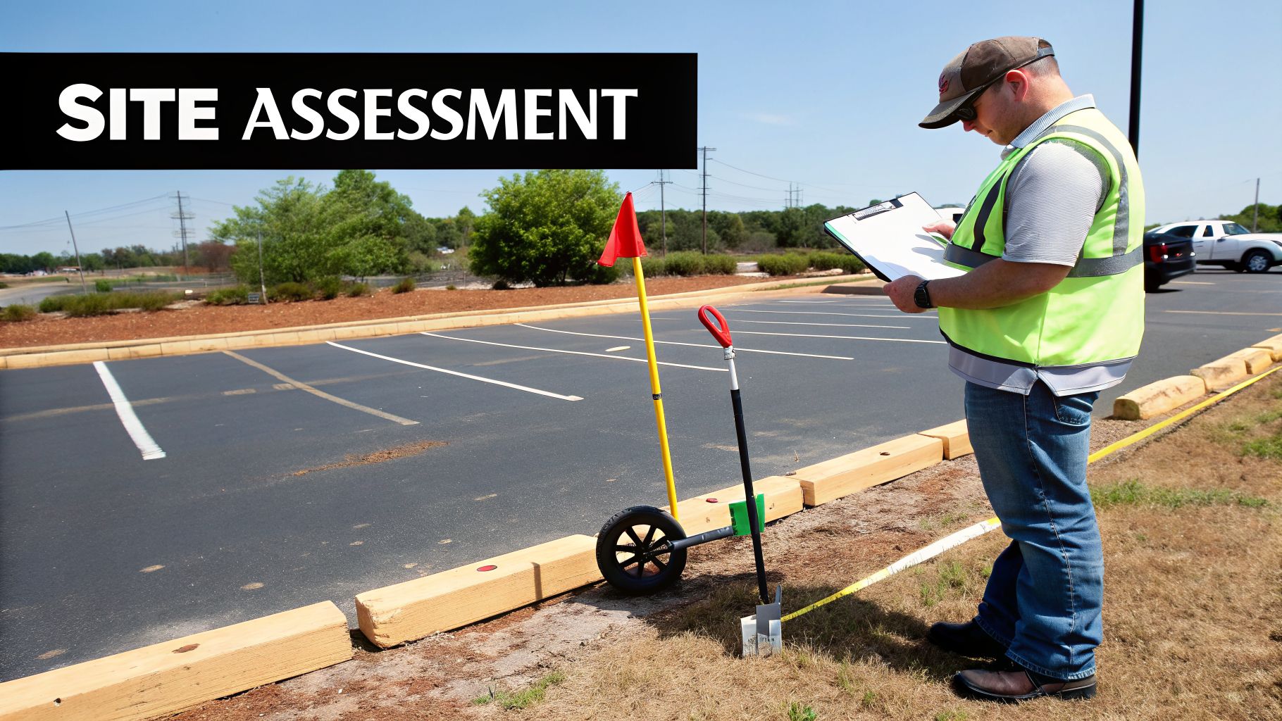An engineer in a safety vest assesses a parking lot with measurement tools for drainage.