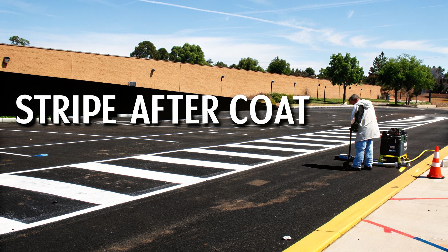 Worker painting white parking lines on freshly paved asphalt, after a sealcoating process.