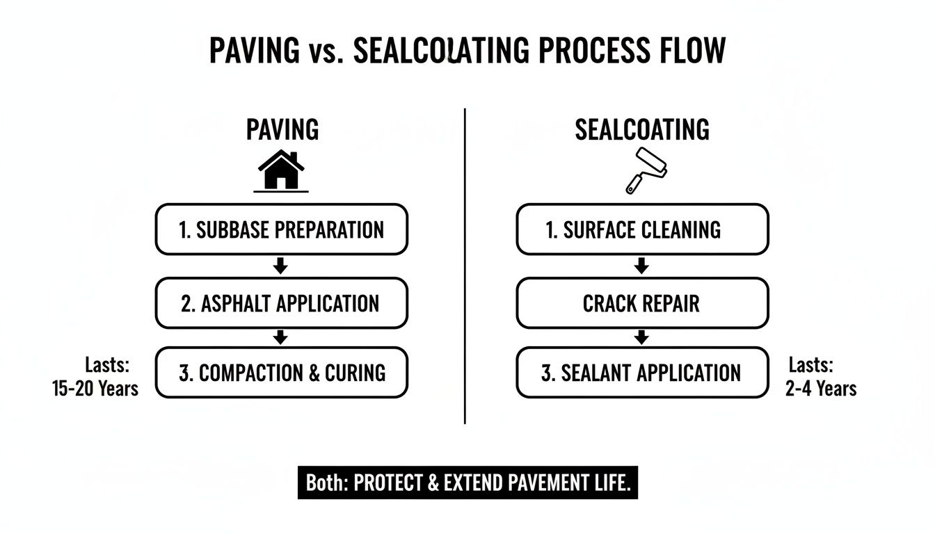 Flowchart comparing paving and sealcoating processes, outlining their steps, icons, and lifespan.