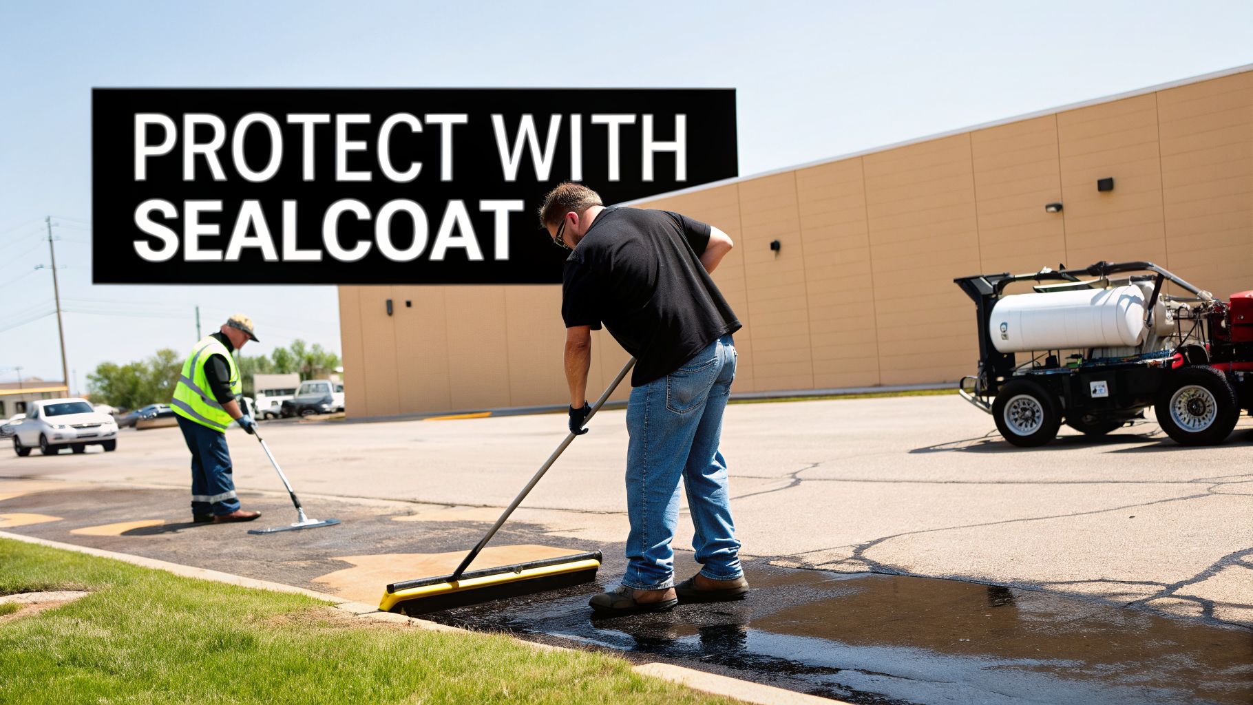 Two workers are applying black sealcoat to a commercial parking lot using squeegees, with a sealcoating machine nearby.